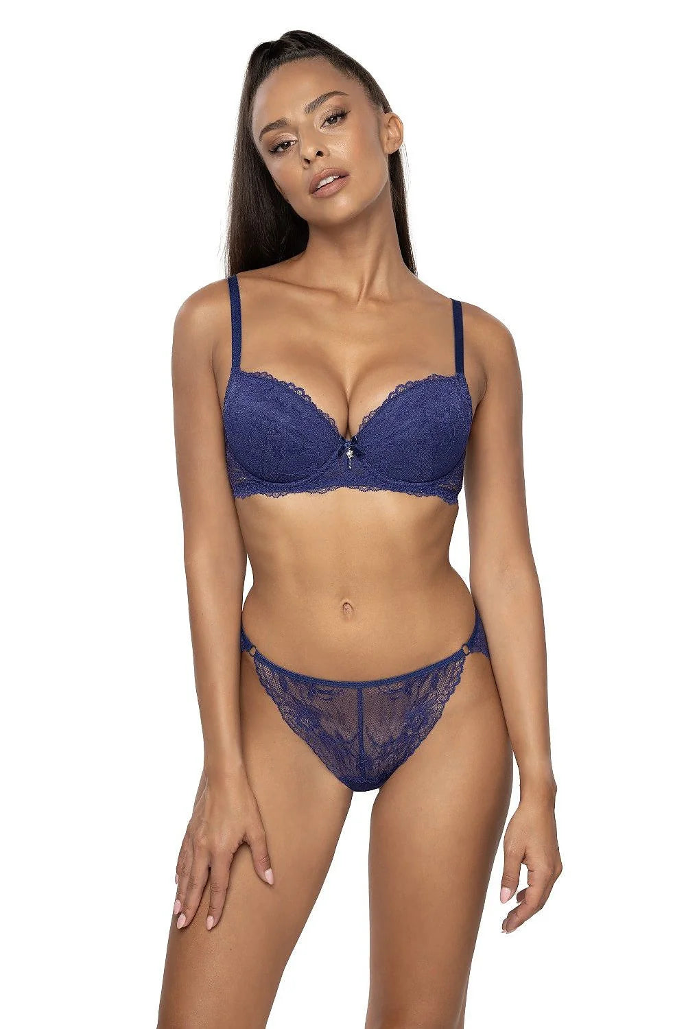 Culotte femme en dentelle bleu profond floral, style bikini, anneau métallique, semi-transparent, doux, ajustement parfait, lingerie élégante, sexy, transparence, dentelle haute qualité, floral subtil, mode intime