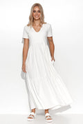 robe longue blanche fluide manches courtes col V bohème taille empire jupe volants poches latérales légère drapée chevilles cintrée confortable