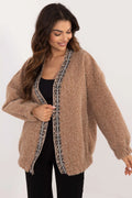 cardigan femme oversize ample pelucheuse moelleuse manches ballon longues poignets froncés col V bordure jacquard contrastée noir beige camel hiver