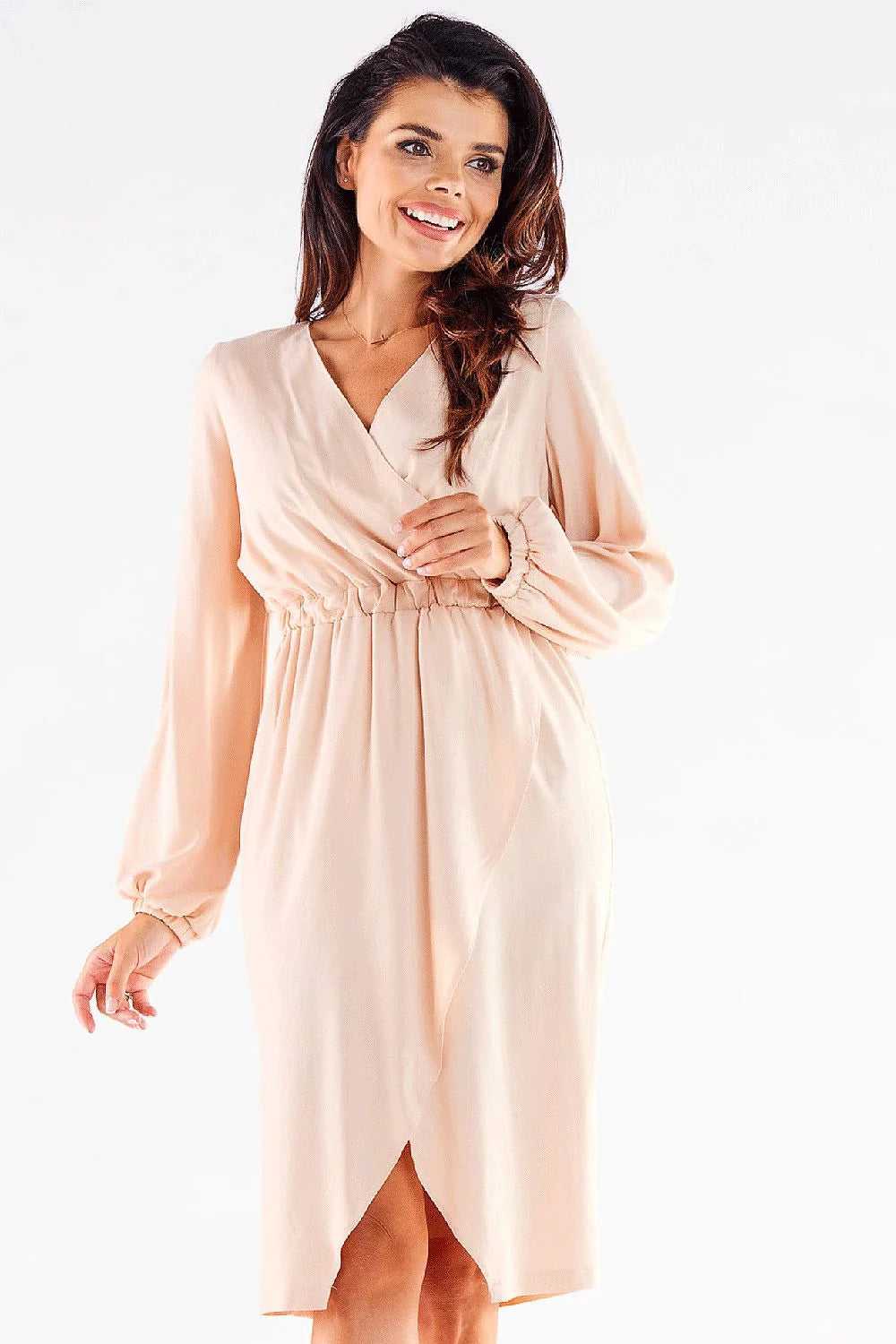 Robe de cocktail élégante longueur midi manches longues élastique vert émeraude femmes occasion formelle