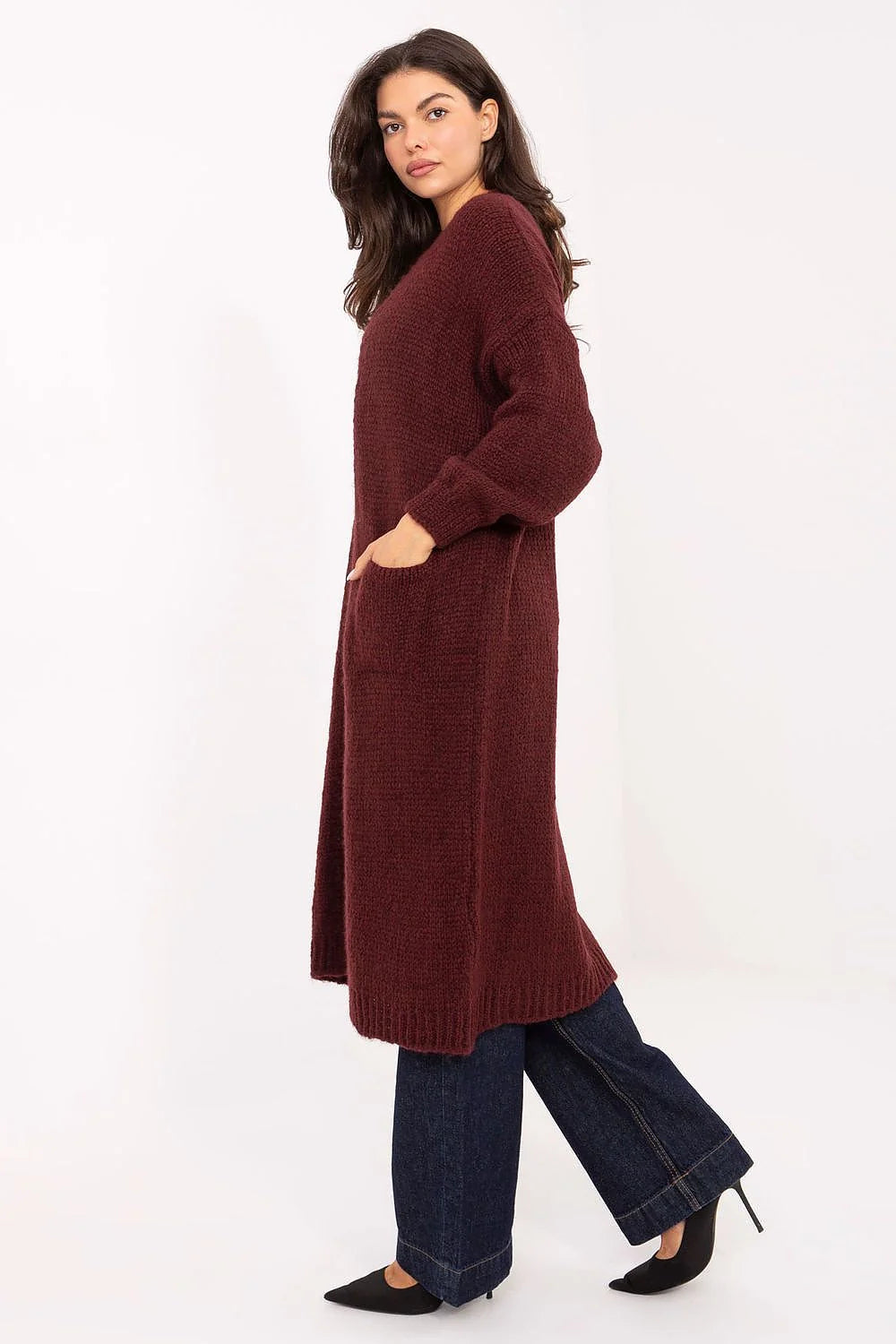 cardigan long femme bordeaux maille épaisse bouclée oversize coupe droite ouverte poches plaquées manches longues bordcôtes poignets ourlet longueur midi