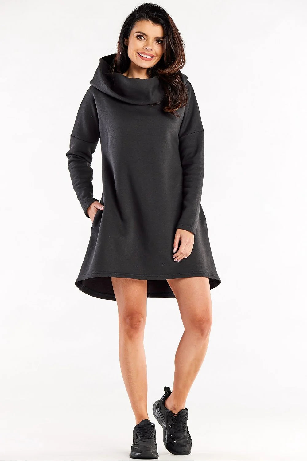 Robe pull femme moderne décontractée robe trapèze capuche manches longues anthracite coton élasthanne