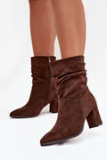 bottines femme mi mollet suédine écologique chocolat tige froncée bout pointu talon bloc 7cm fermeture éclair latérale doublure