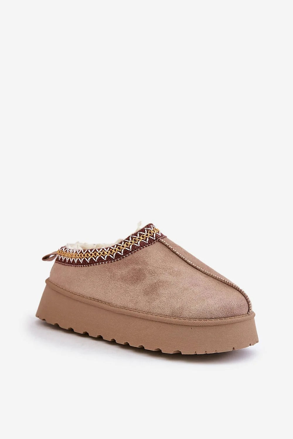 pantoufles suédine écologique taupe femme fourrées doublées fourrure plateforme 4cm bouts fermés semelle crantée antidérapante galon tressé multicolore