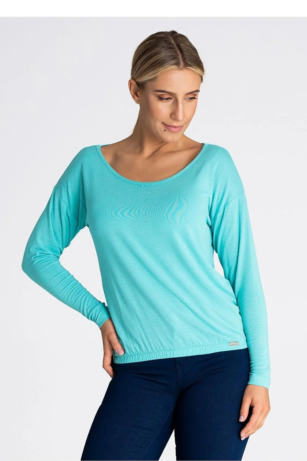 Chemisier femme en viscose couleur turquoise longues manches ample élastique bas ourlet logo occasion quotidienne mode moderne