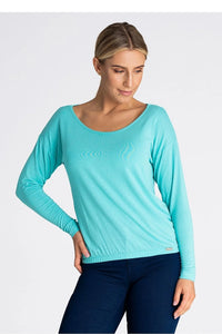 Chemisier femme en viscose couleur turquoise longues manches ample élastique bas ourlet logo occasion quotidienne mode moderne