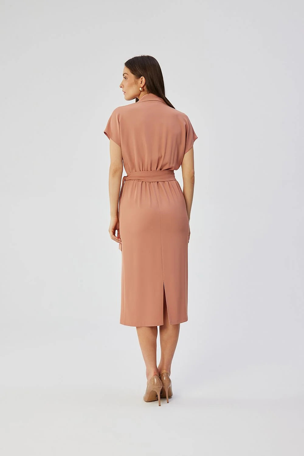 Robe de jour élégante manches courtes col châle ceinture ajustable rose poudré femme Stylove