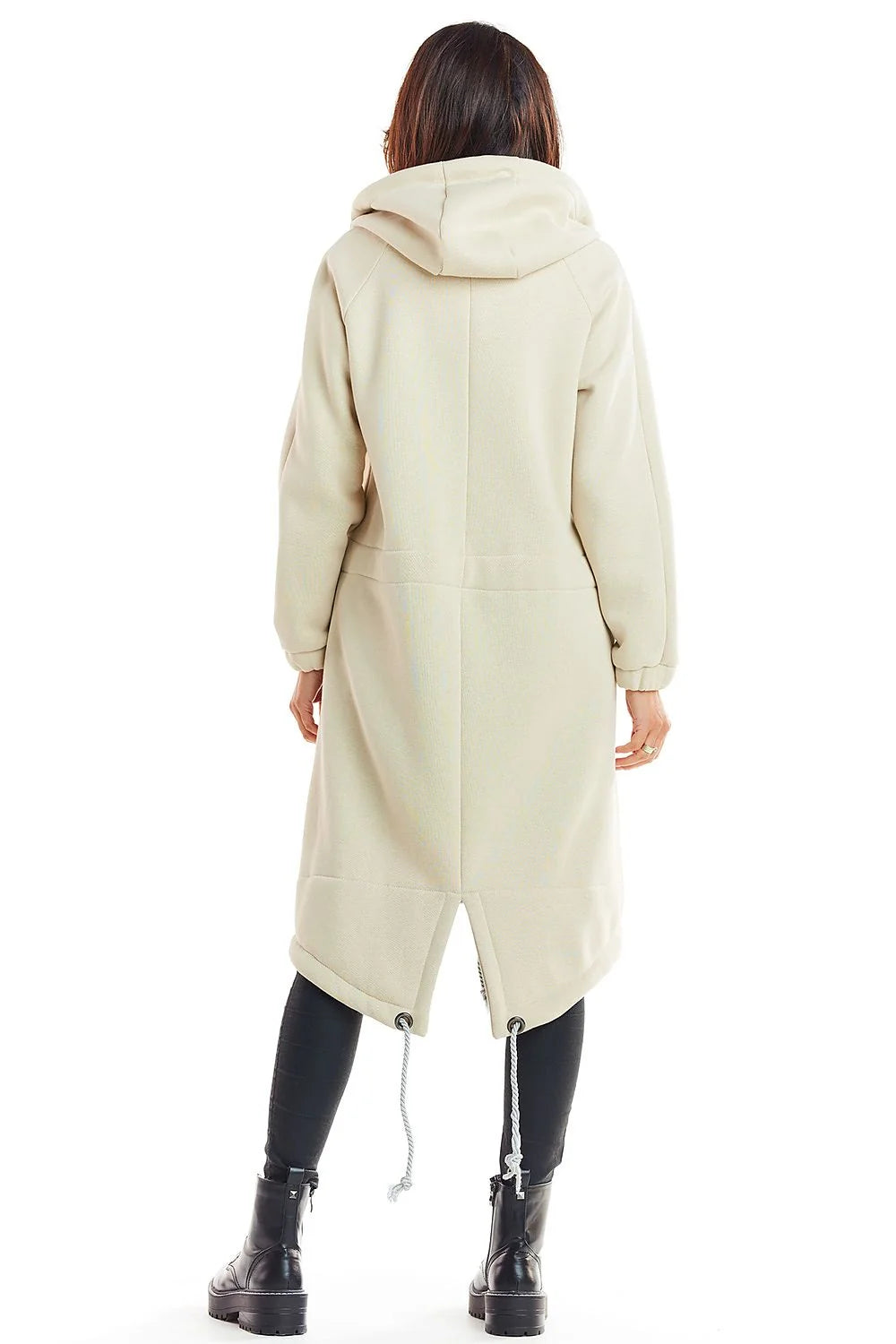 Manteau long ample beige coton style décontracté moderne avec capuche pour femme élégante et confortable