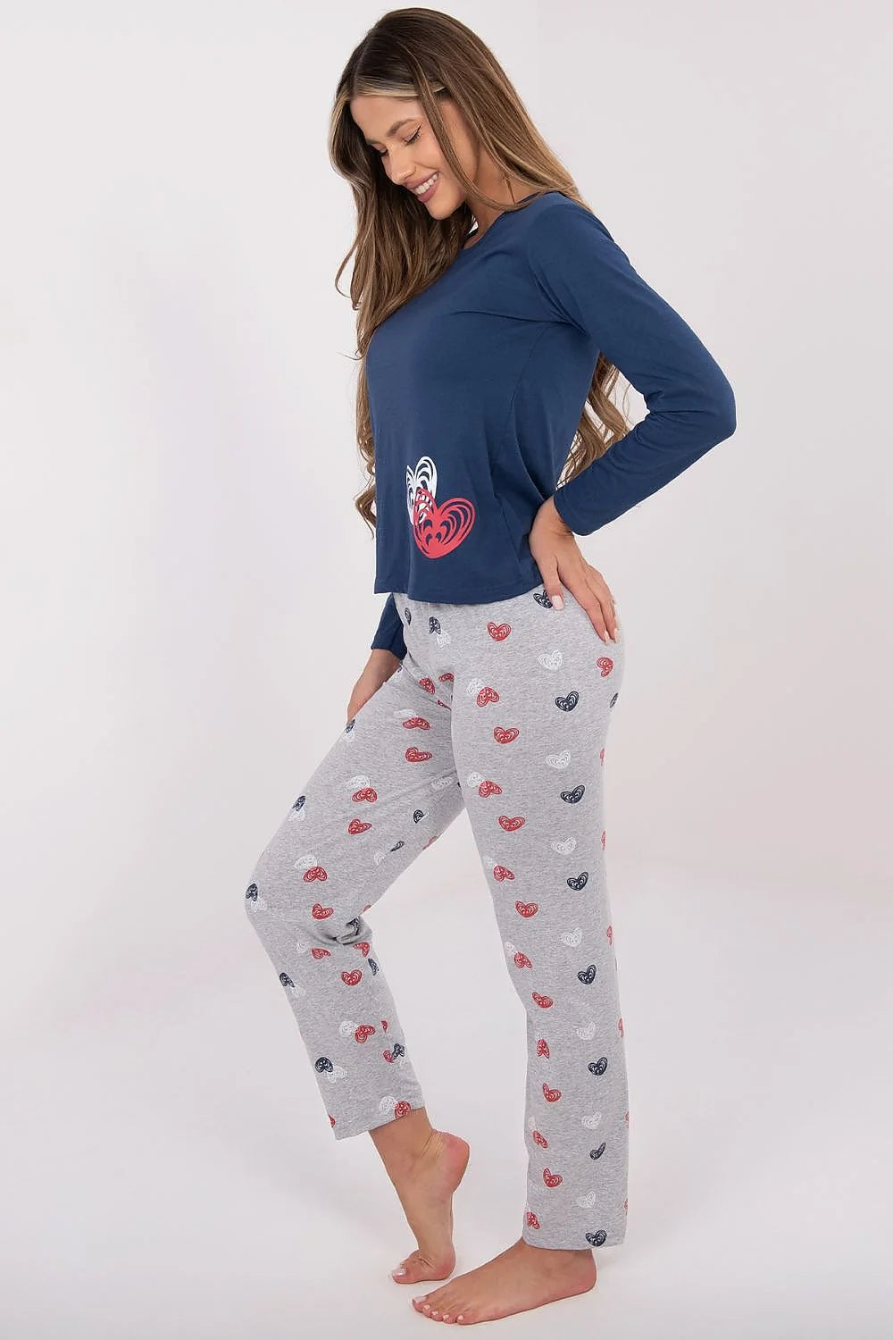 pyjama femme deux pièces coton doux respirant manches longues col rond bleu marine haut cœur imprimé pantalon gris chiné élastique