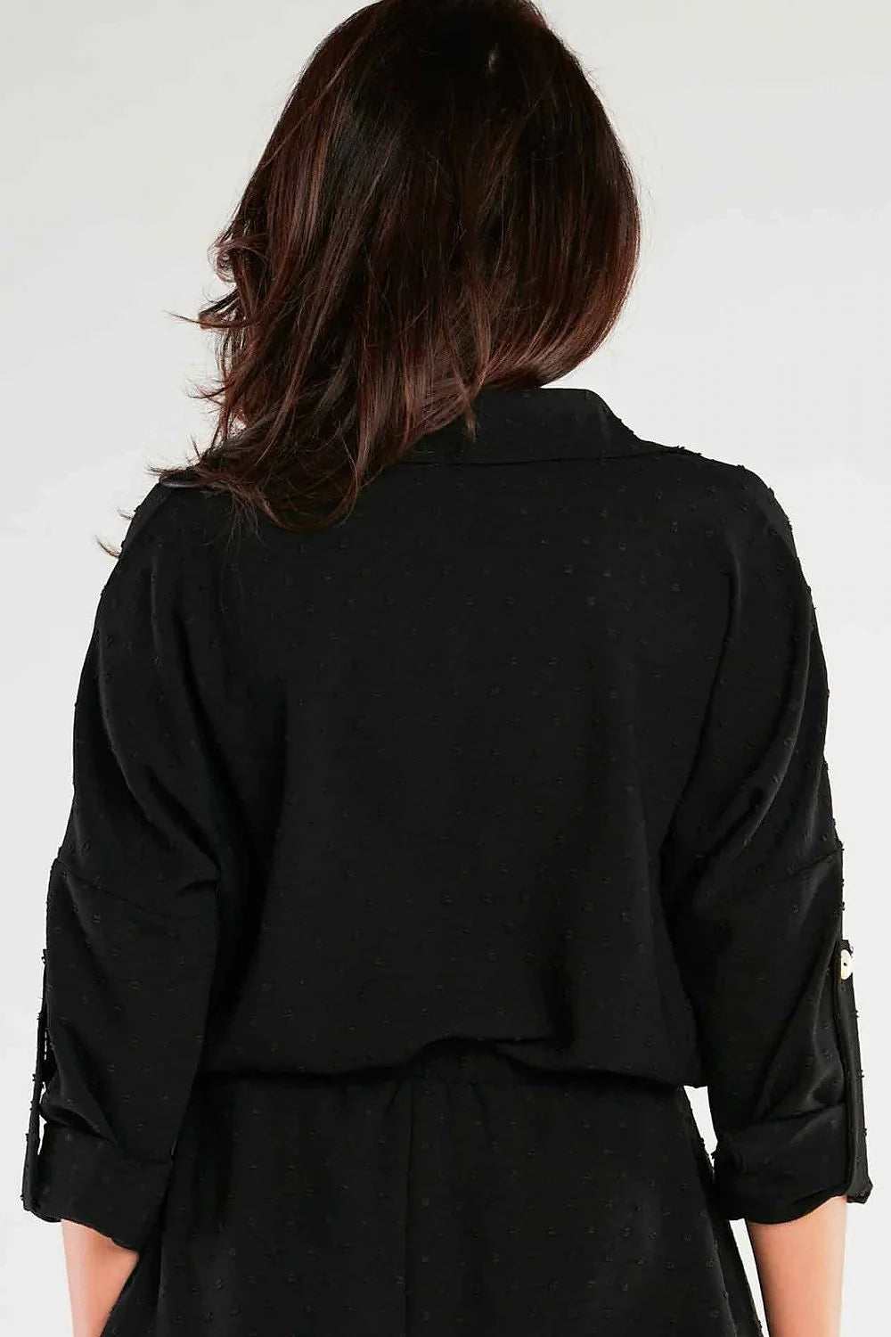 Ensemble chemise et jupe awama élégant en polyester et élasthanne rose pâle motifs pois brodés manches longues revers col femme