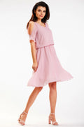 Robe de jour élégante en mousseline rose pastel épaules découvertes encolure V manches mi-longues taille élastique femme