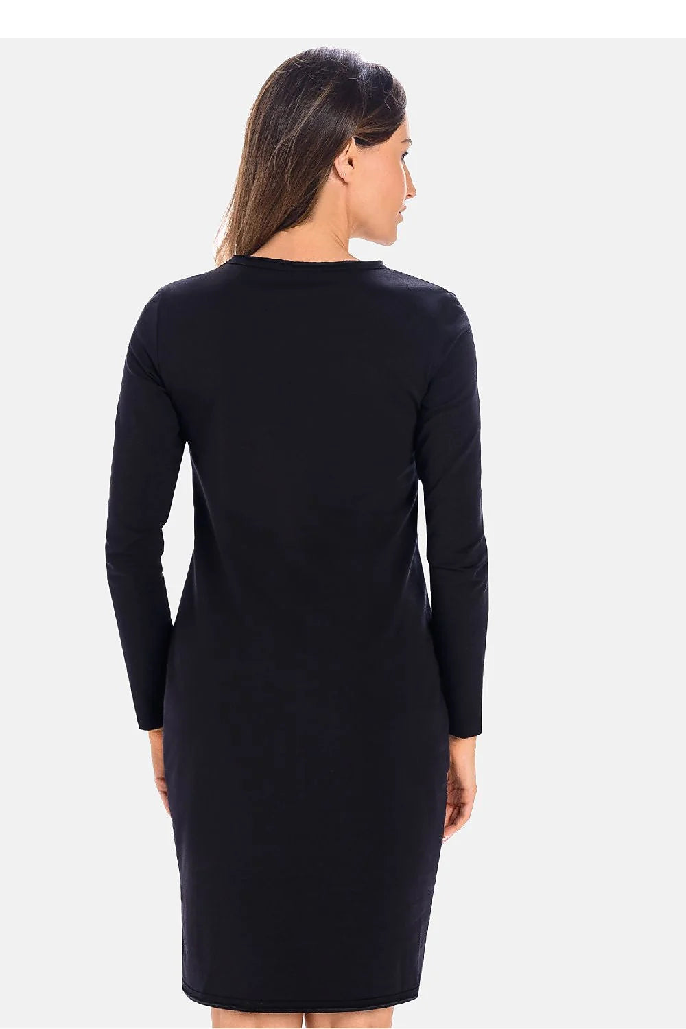 robe coton noire manches longues col rond jersey extensible ajustée taille soulignée ourlet asymétrique croisé minimaliste confortable discret