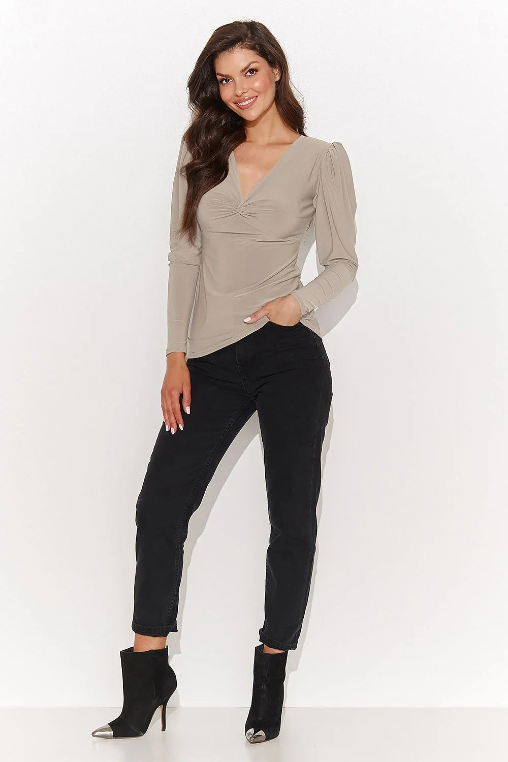 Chemisier Numinou pour femmes, design sophistiqué, manches bouffantes, encolure en V, twist buste, taupe, tissu élasthanne, occasion versatile
