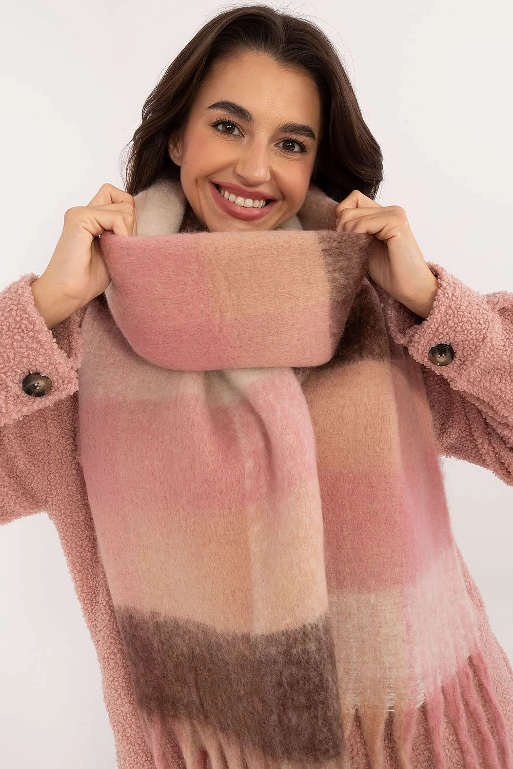 Écharpe et veste en sherpa pour femme, motif dégradé rose, crème et brun, style casual, texture douce
