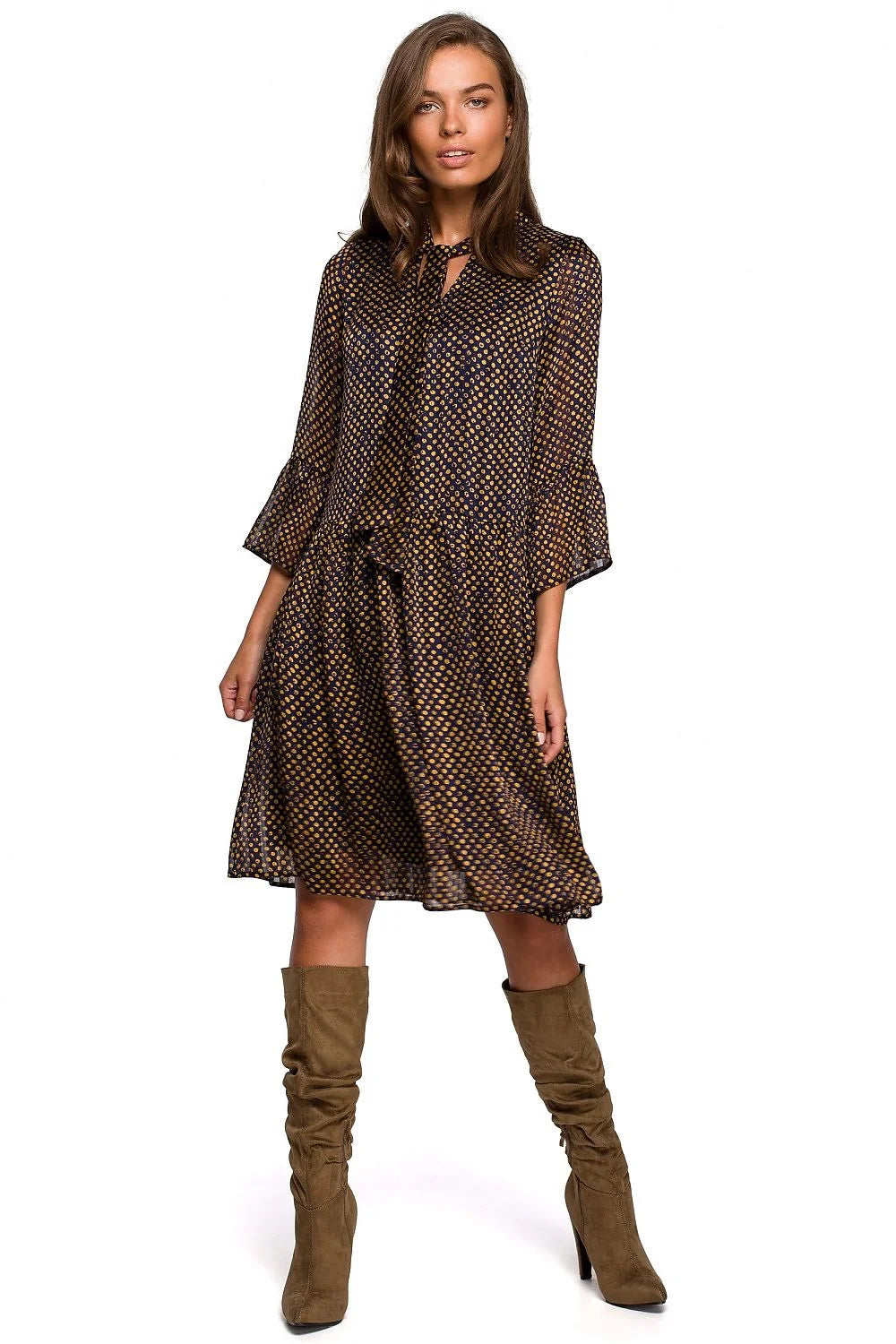 Robe en polyester chic décontractée motifs à pois manches longues évasées pour femmes élégantes et stylées