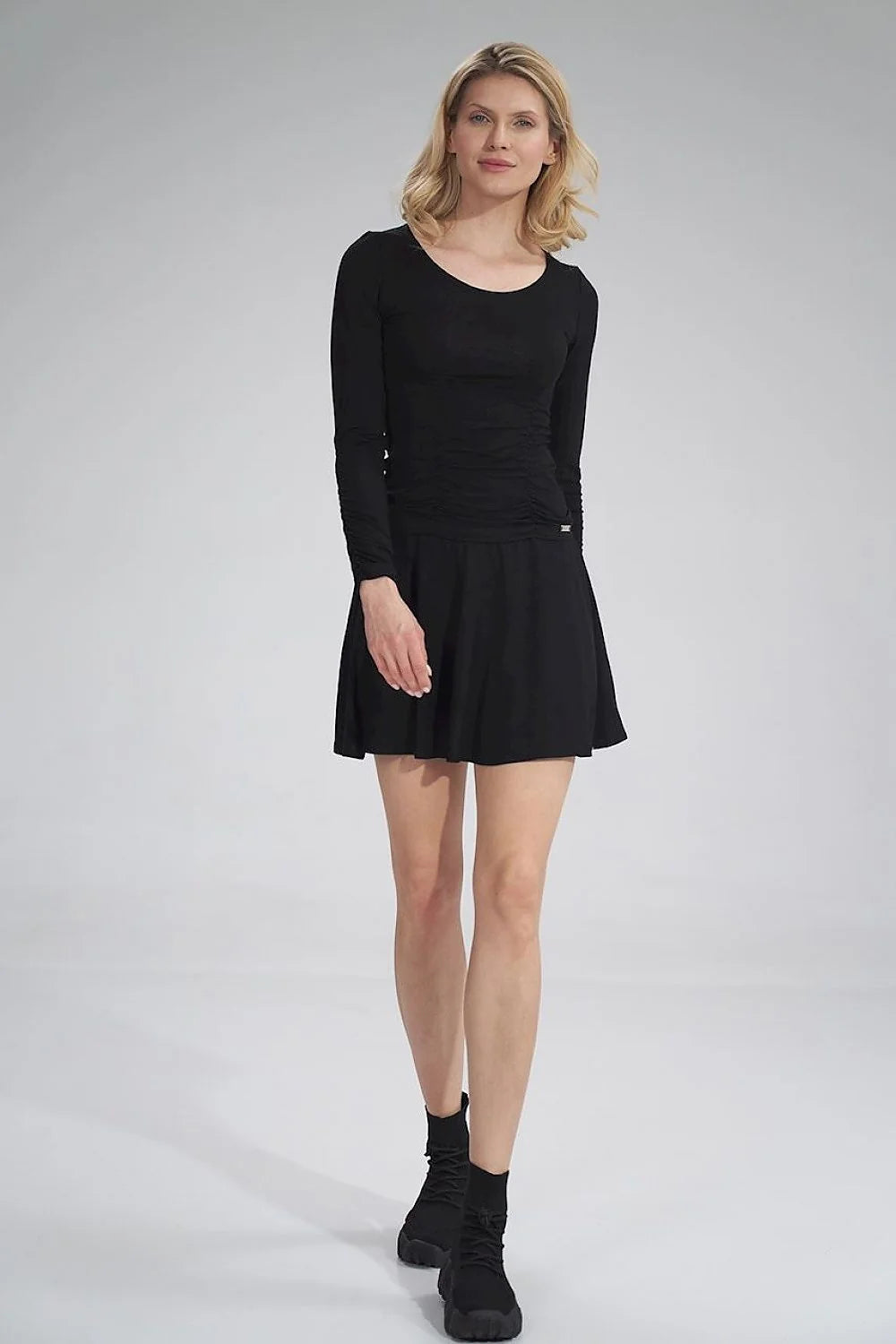 Robe maille jersey gris chiné confortable manches longues élégante ajustée évasée décontractée tendance quotidienne féminine