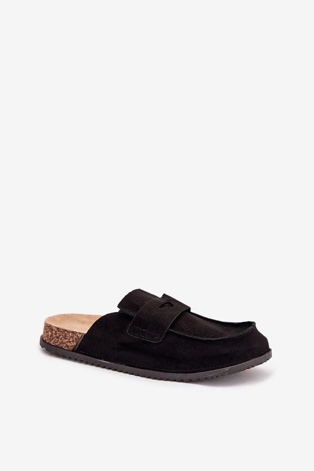mules femme suédine écologique noir bout fermé dos ouvert bride découpe subtile plateforme liège semelle crantée caoutchouc rembourrée maintien confort