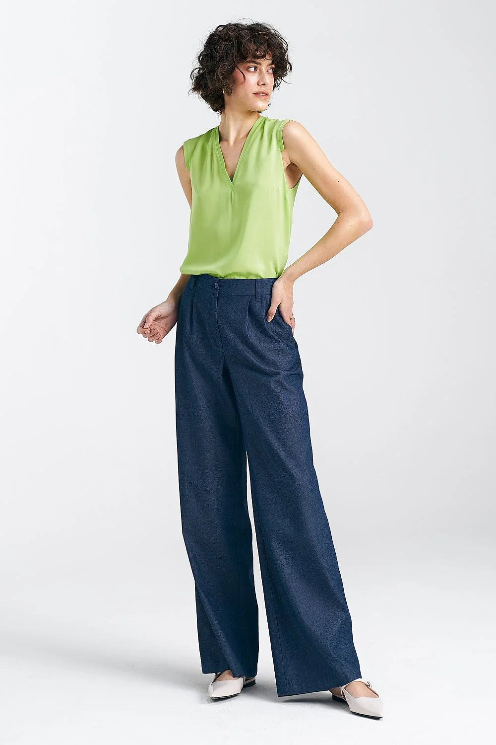 Pantalon long femme à jambes larges en coton 100% bleu marine taille haute ceinture ajustable coupe droite