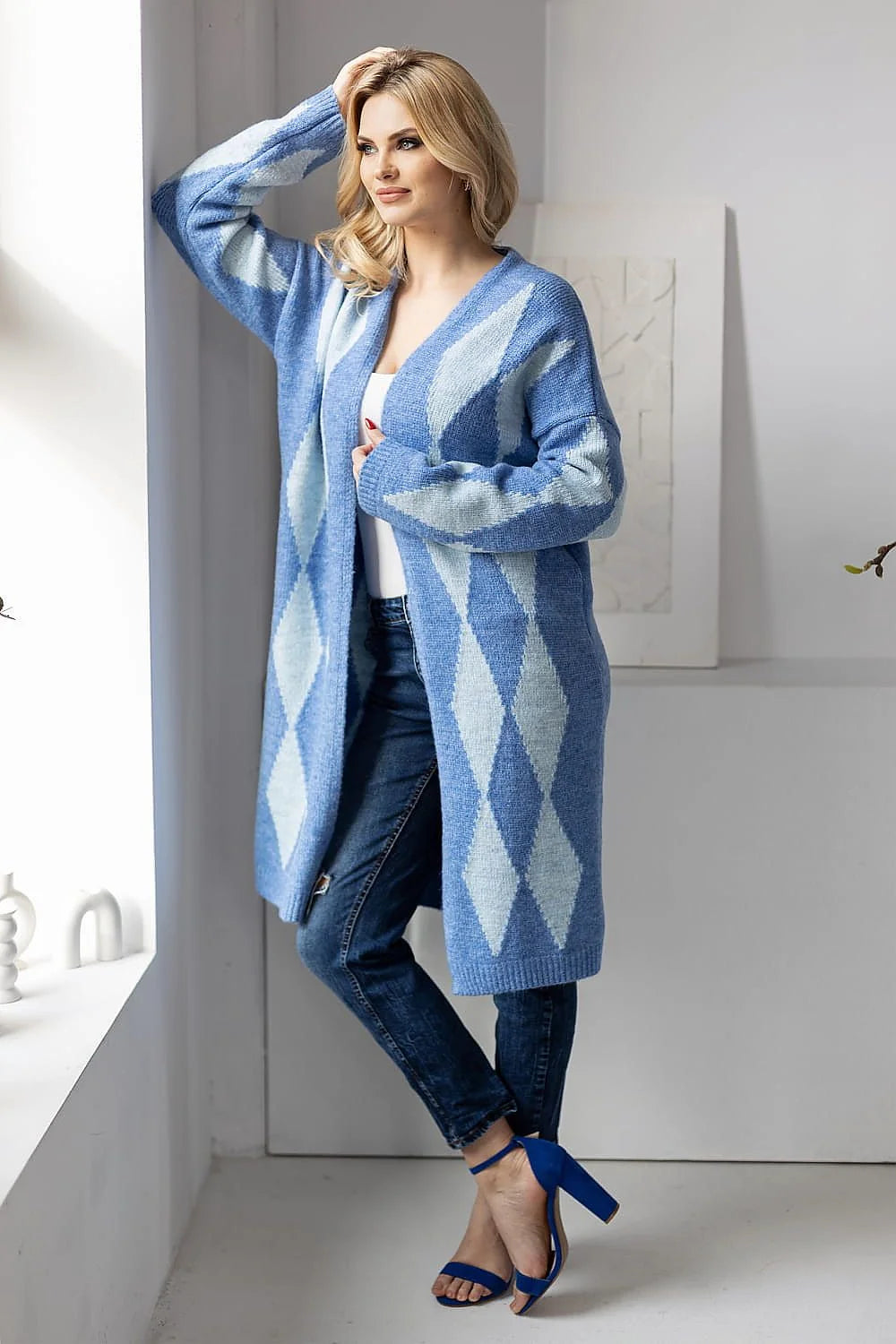 Cardigan Pee Ka Boo long ample motif géométrique bleu doux manches longues ouvert devant femme mode intemporel