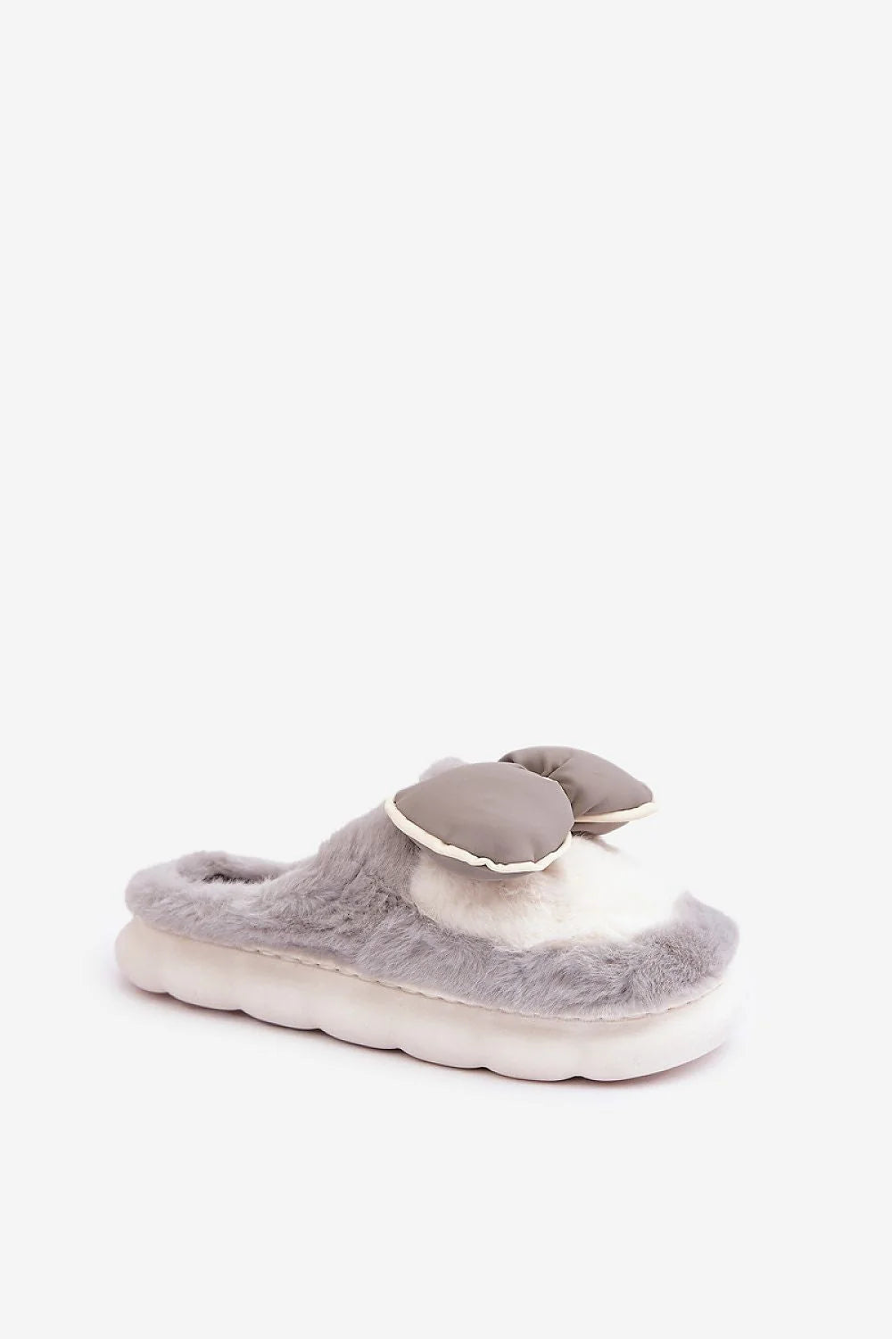 Pantoufles pour femmes en fourrure grise douce, style mule élégant, semelle épaisse, nœud chic, confort intérieur, idéal pour hiver, look raffiné