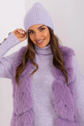 Bonnet d'hiver tricoté côtelé en laine et angora couleur lavande pâle avec détails en boutons pour femmes