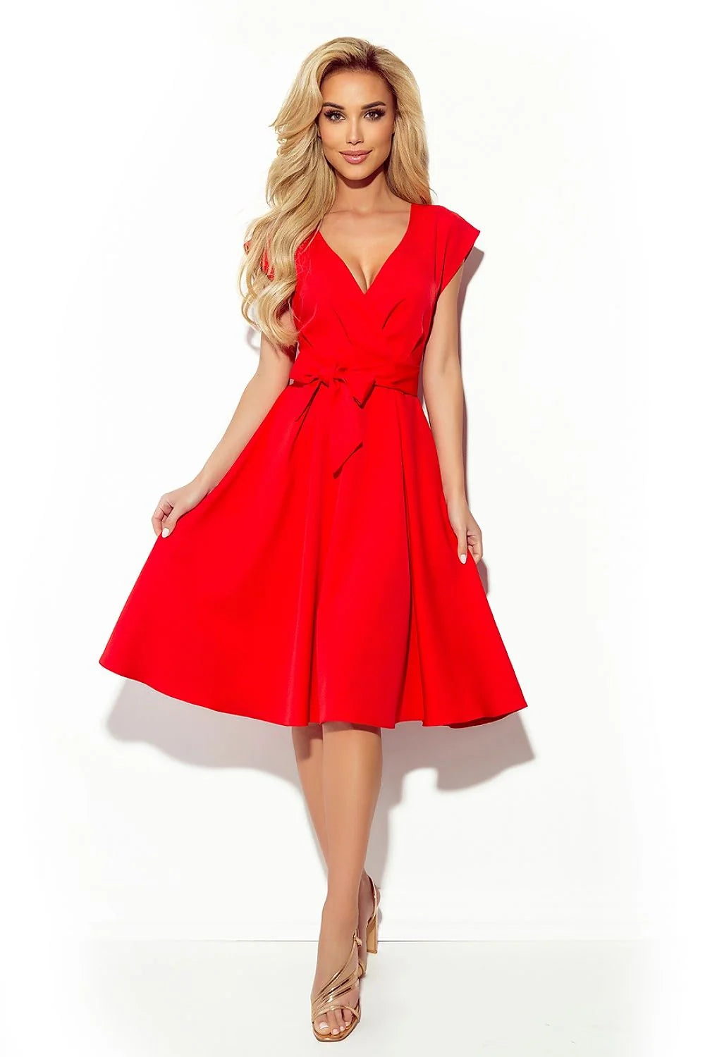 Robe de cocktail élégante en rouge vif manches courtes décolleté V plongeant ceinture ajustable femme