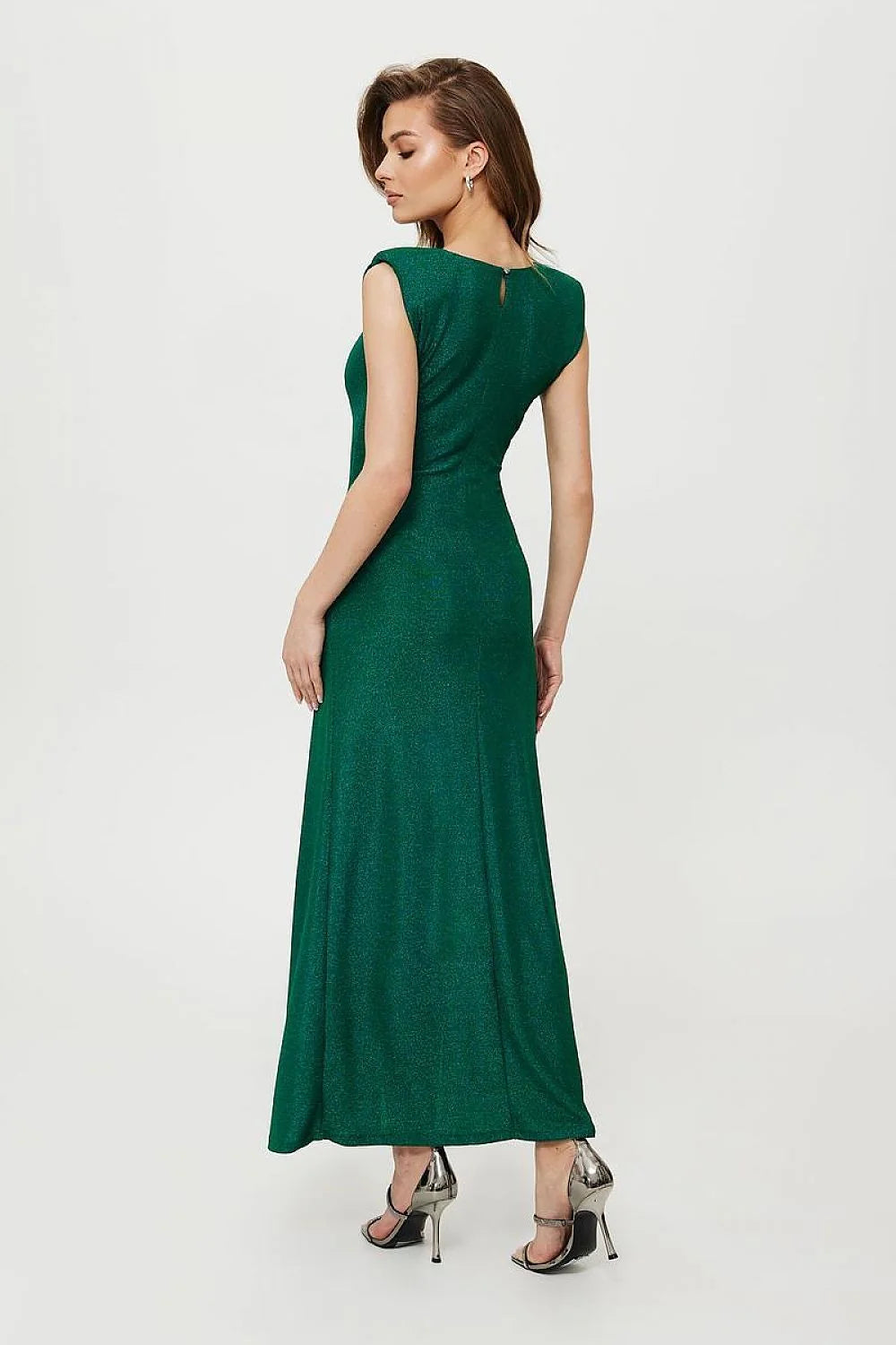 robe longue Makover verte tricot métallique scintillante sans manches fourreau moulante stretch encolure ronde fronces latérales fente haute cuisse élégante