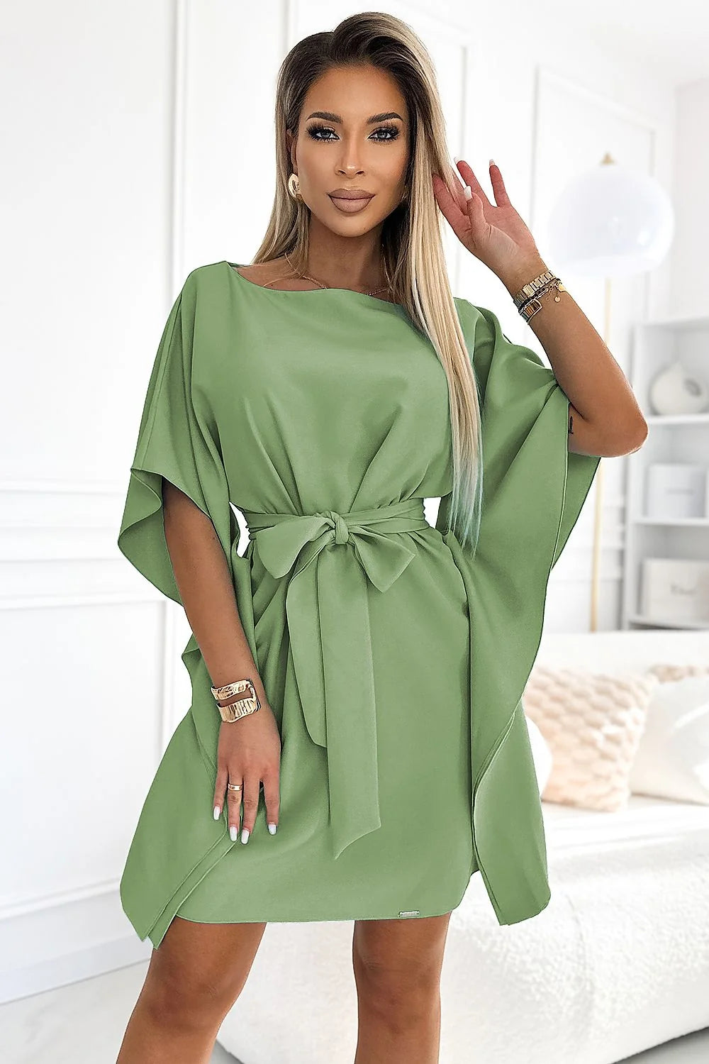 Robe de jour élégante Numoco couleur olive manches larges ceinture assortie matière douce polyester elasthanne taille ajustable femmes