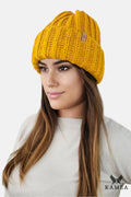bonnet tricoté mérinos moutarde grosse torsadée maille chunky revers large doublépolaire enveloppant ajustable chaud isolant urbain casual écussoncuir