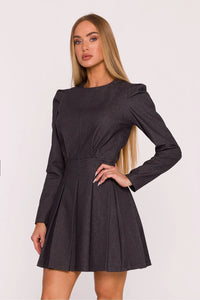 robe courte femme patineuse gris anthracite manches longues col rond taille marquée jupe plissée sergé structuré mat