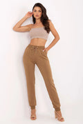 pantalon jogger femme taille haute camel molleton léger coupe fuselée cordon serrage embouts métalliques poches latérales couture centrale bas côtelé