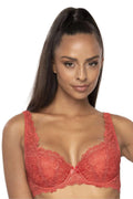 soutiengorge rembourré balconnet armatures pushup dentelle corail fleurie bretelles réglables feston nœud satin doublé confortable maintien renforcé glamour soirée quotidienne