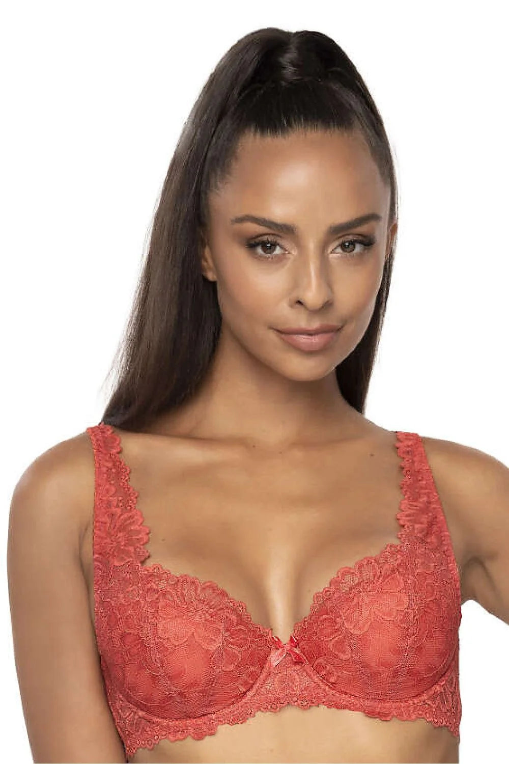soutiengorge rembourré balconnet armatures pushup dentelle corail fleurie bretelles réglables feston nœud satin doublé confortable maintien renforcé glamour soirée quotidienne