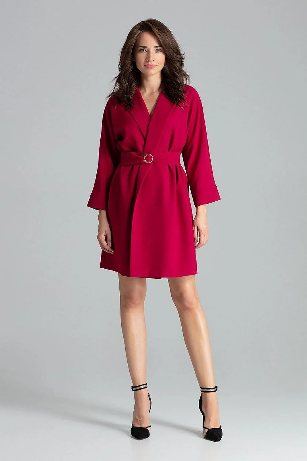 Robe élégante femme coton bleu profond col revers manches longues ceinture métallique moderne chic