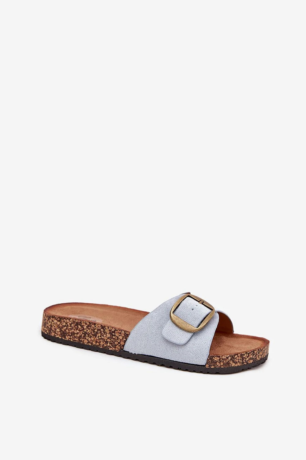 mules femme suédine bleu clair bride large boucle métallique dorée réglable plateforme liège semelle anatomique antidérapante confortable chic