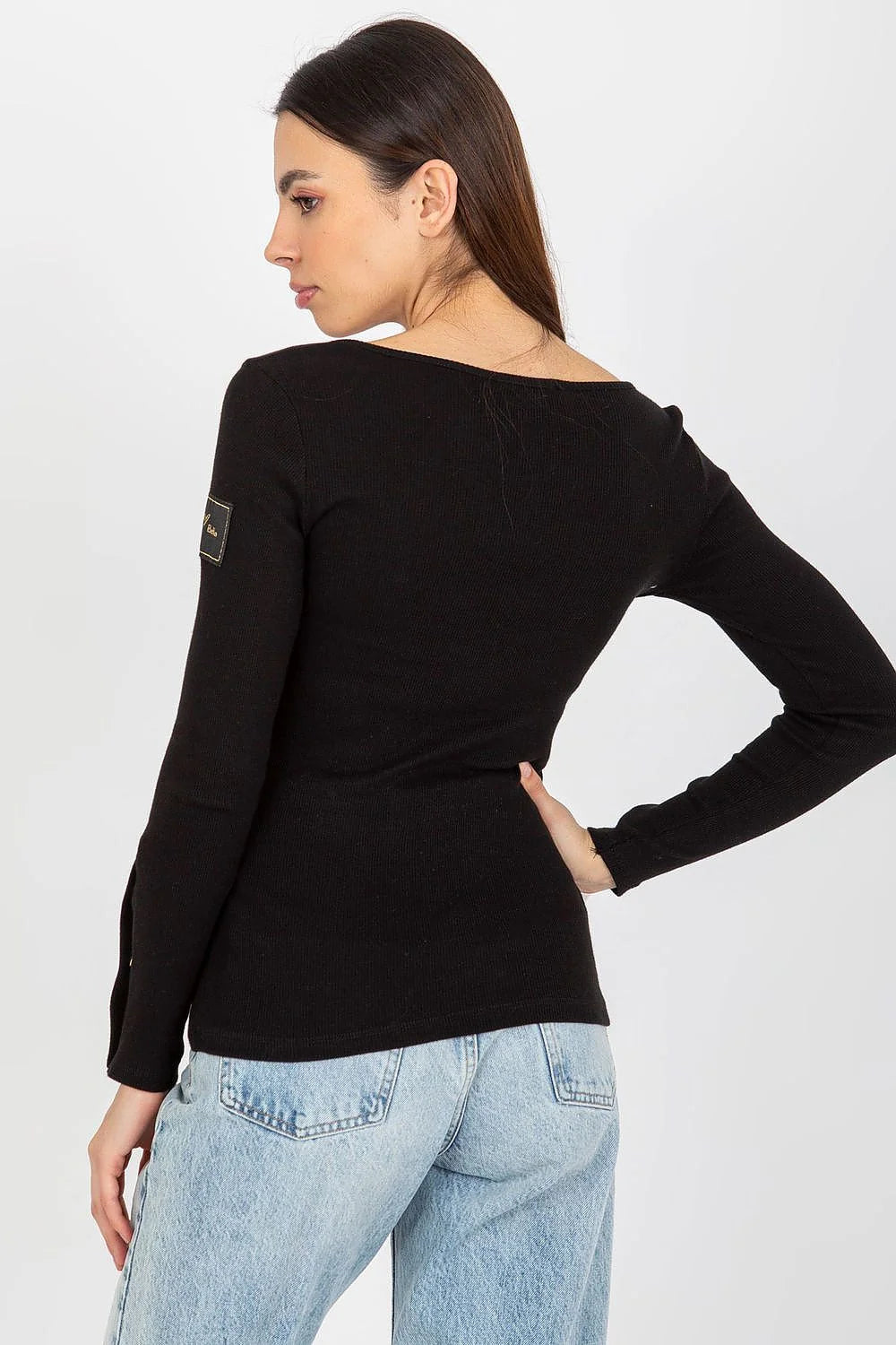 Chemisier Och Bella modern et élégant noir ajusté en coton élasthanne boutons dorés manches longues encolure ronde femme
