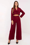 tailleur pantalon femme bordeaux blazer court croisé double boutonnage revers manches longues structuré taille haute jambe large palazzo élégant bureau