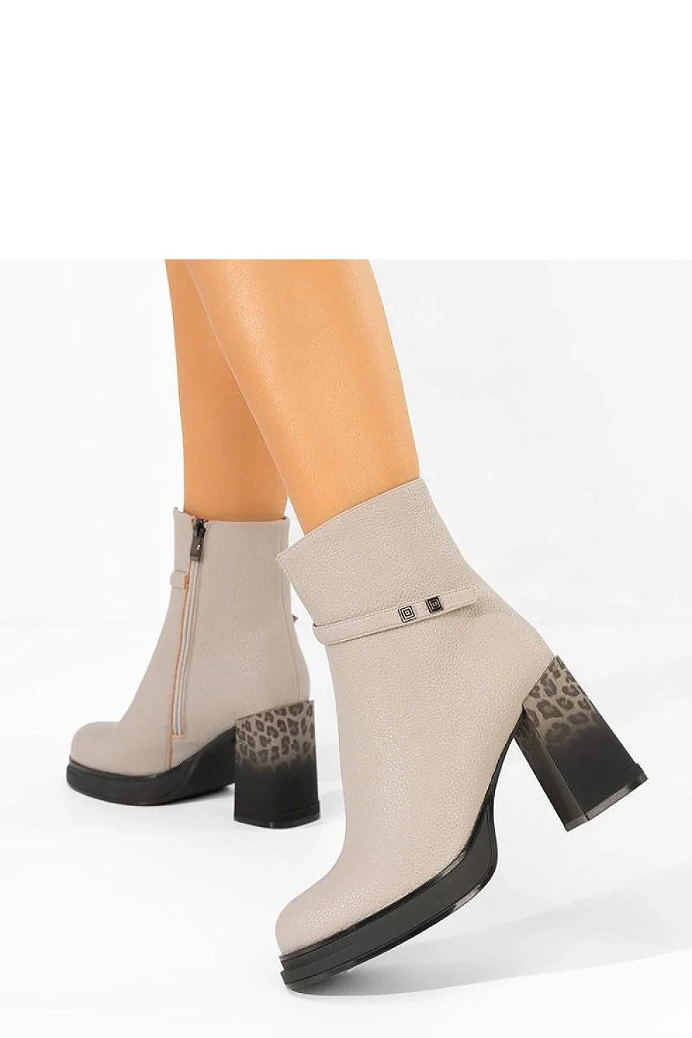 Gemre Brenna bottines femme taupe simili cuir grainé bout rond semelle plateforme talon carré imprimé léopard bride clous fermeture