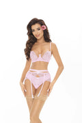 ensemble lingerie soutien gorge balconnet armatures porte jarretelles taille haute dentelle florale rose pâle bretelles réglables noeuds satinés