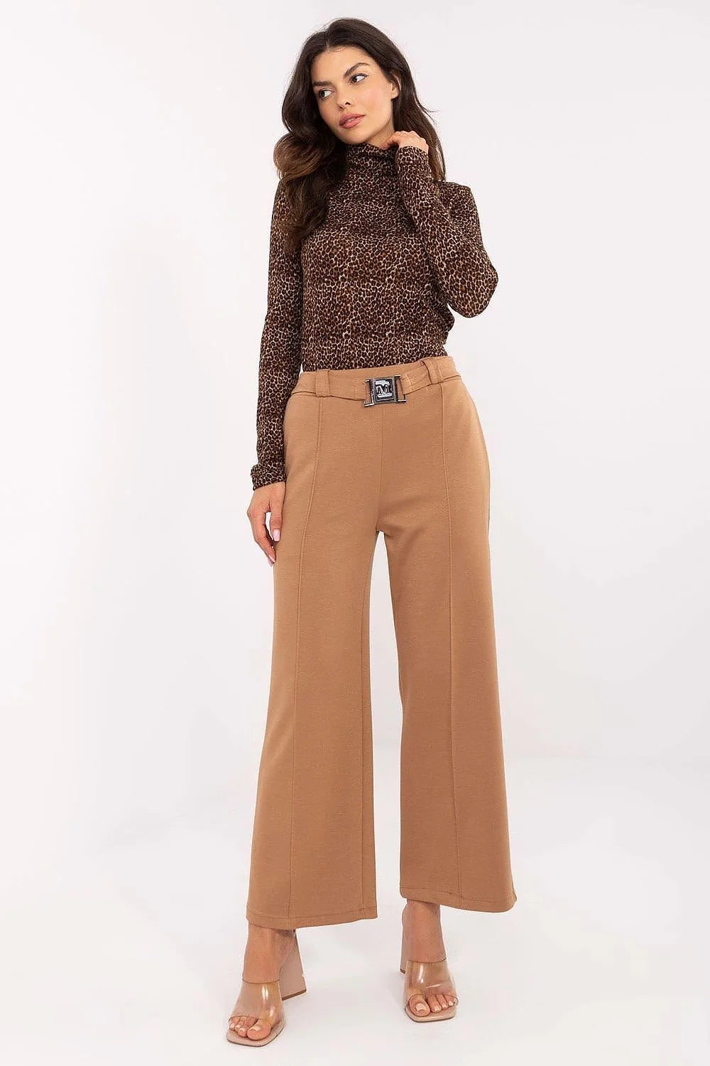 Pantalon survêtement femme haut col roulé motif léopard couleur brun noire taille haute style élégant confortable polyester viscose élasthanne occasion quotidienne