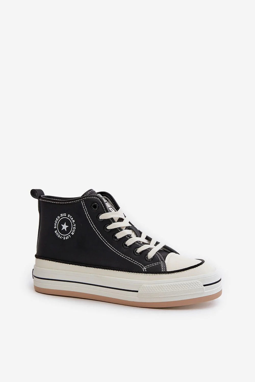 baskets montantes femme noir cuir synthétique lacets blancs bout renforcé coutures contrastantes logo visible semelle plateforme épaisse gomme beige maintien