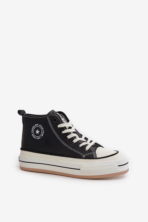 baskets montantes femme noir cuir synthétique lacets blancs bout renforcé coutures contrastantes logo visible semelle plateforme épaisse gomme beige maintien