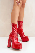 Bottes audacieuses pour femmes en similicuir verni rouge talons blocs style rétro années 70