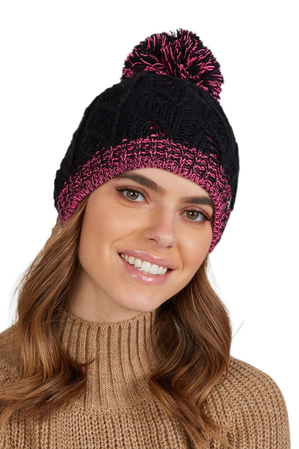 Bonnet Kamea pour femme en laine avec pompon noir et rose, style moderne, hiver 2023