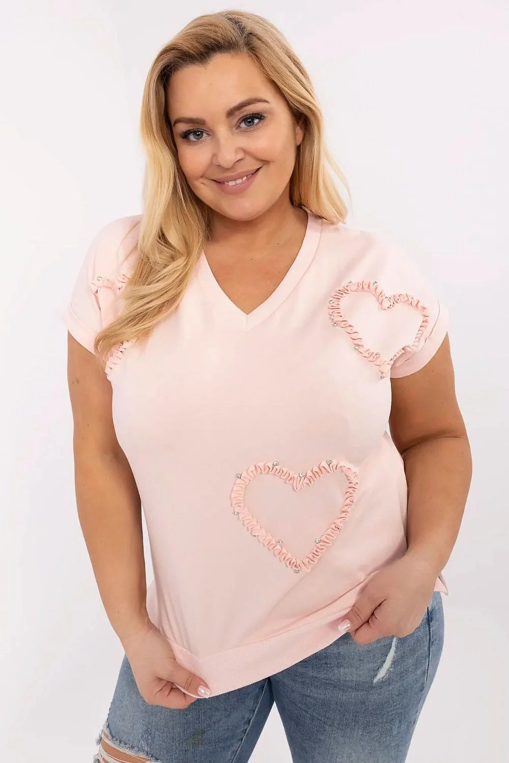 Chemisier pour femme grande taille style casual col V manches courtes motifs coeurs coton élasthanne couleur rose pâle