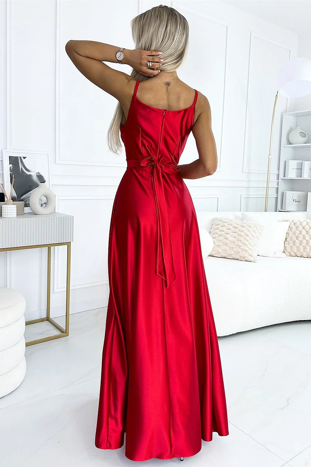 Robe de soirée élégante longue en satin rouge fente haute dos nu taille ajustable femme Numoco