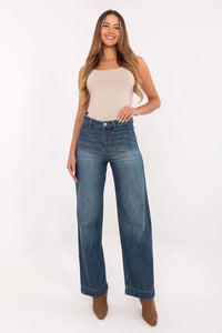 jean femme taille haute denim bleu moyen coupe relaxed fit jambe large droite longueur cheville poches plaquées frontales
