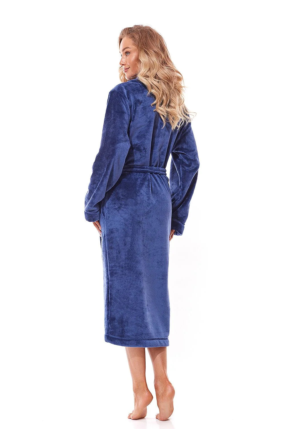 Peignoir pour femme élégance et confort longue manches longues col châle bleu profond velours microfibre L&L collection