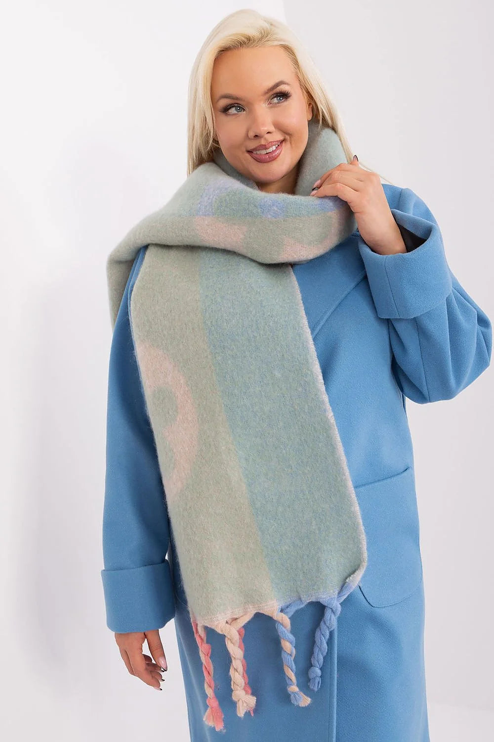 Écharpe et manteau pour femme en laine bleu clair et vert pâle, style élégant, coupe droite, manches longues, poches intégrées, franges tressées, automne-hiver