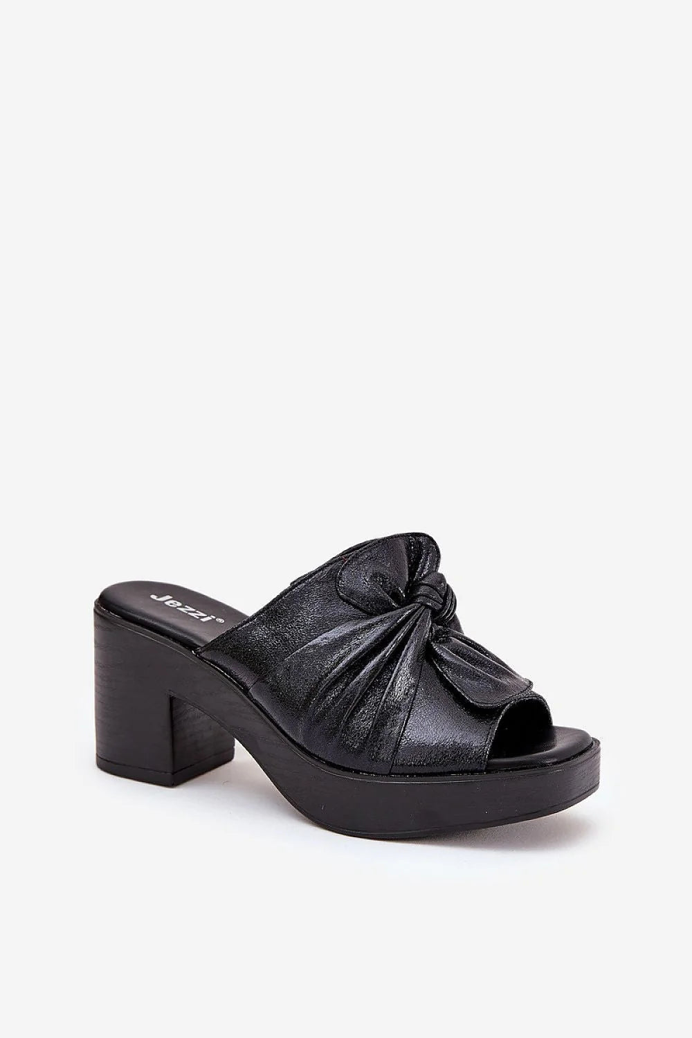 Sandales pour femmes modernes talon bloc cuir noir écolabellisé semelle plateforme nœud décoratif Jezzi